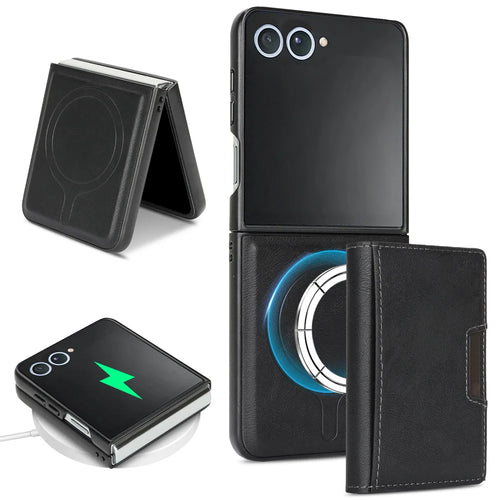 For Samsung Galaxy Z Flip7 5G Kickstand Case Tri-fold Card Bag PU Leather Coated TPU Cover Magnetic Case - Black - 1