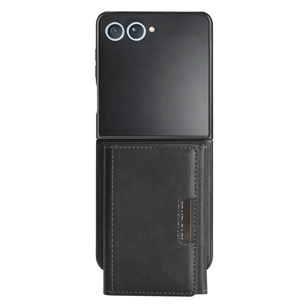 For Samsung Galaxy Z Flip7 5G Kickstand Case Tri-fold Card Bag PU Leather Coated TPU Cover Magnetic Case - Black - 2