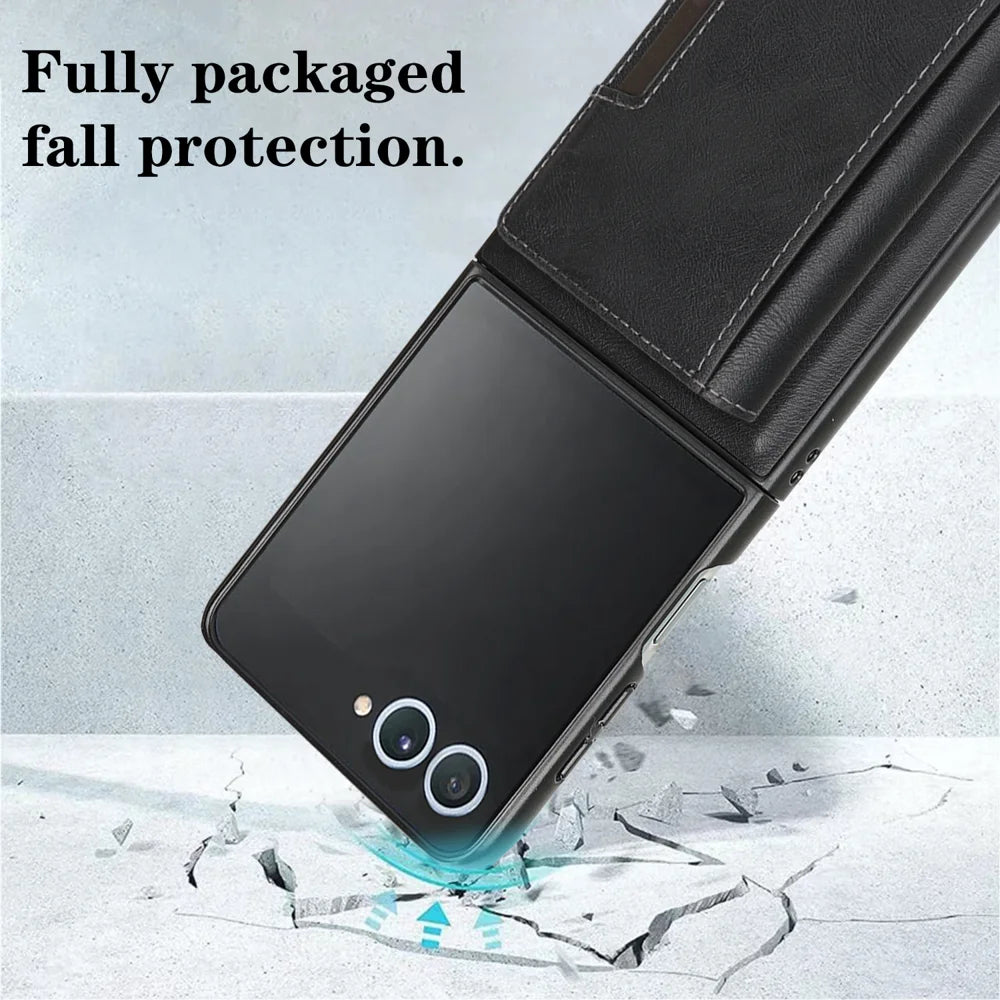 For Samsung Galaxy Z Flip7 5G Kickstand Case Tri-fold Card Bag PU Leather Coated TPU Cover Magnetic Case - Black - 3