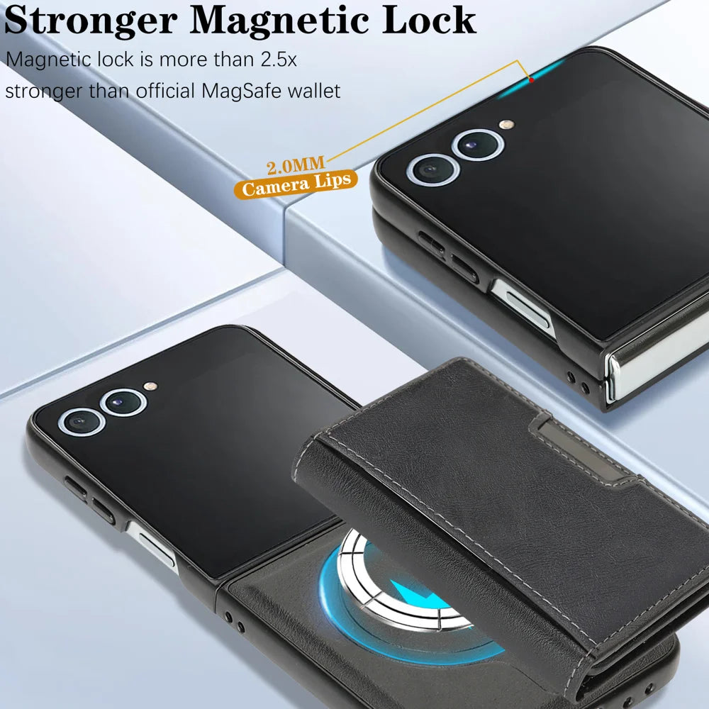 For Samsung Galaxy Z Flip7 5G Kickstand Case Tri-fold Card Bag PU Leather Coated TPU Cover Magnetic Case - Black - 4