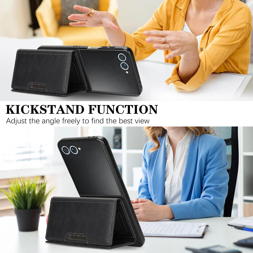 For Samsung Galaxy Z Flip7 5G Kickstand Case Tri-fold Card Bag PU Leather Coated TPU Cover Magnetic Case - Black - 5
