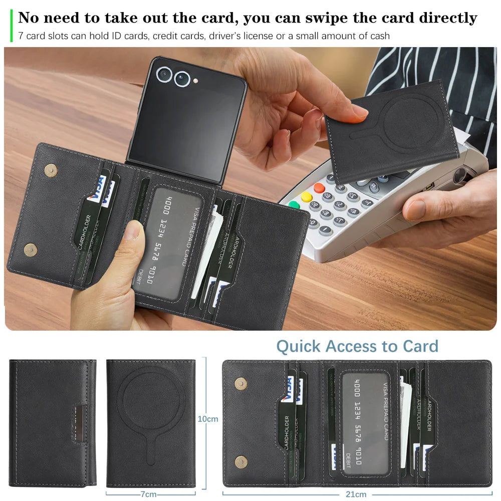 For Samsung Galaxy Z Flip7 5G Kickstand Case Tri-fold Card Bag PU Leather Coated TPU Cover Magnetic Case - Black - 7