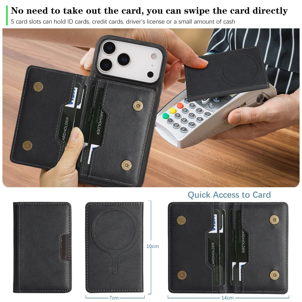 For iPhone 17 Pro Max Kickstand Case Bi-fold Card Bag PU Leather Coated TPU Cover Compatible with MagSafe - Black - 6