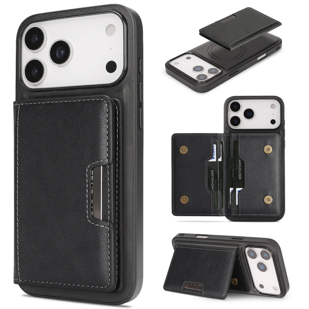 For iPhone 17 Pro Kickstand Case Bi-fold Card Bag PU Leather Coated TPU Cover Compatible with MagSafe - Black - 1