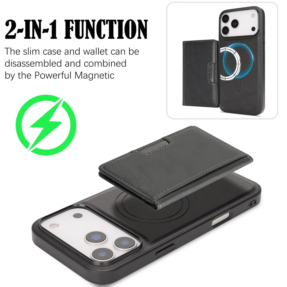 For iPhone 17 Pro Kickstand Case Bi-fold Card Bag PU Leather Coated TPU Cover Compatible with MagSafe - Black - 3