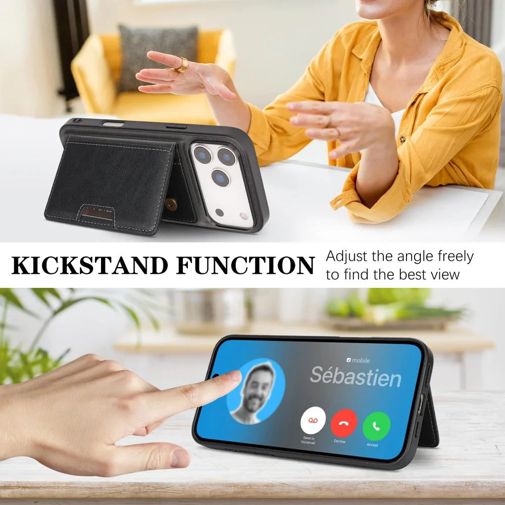 For iPhone 17 Pro Kickstand Case Bi-fold Card Bag PU Leather Coated TPU Cover Compatible with MagSafe - Black - 4