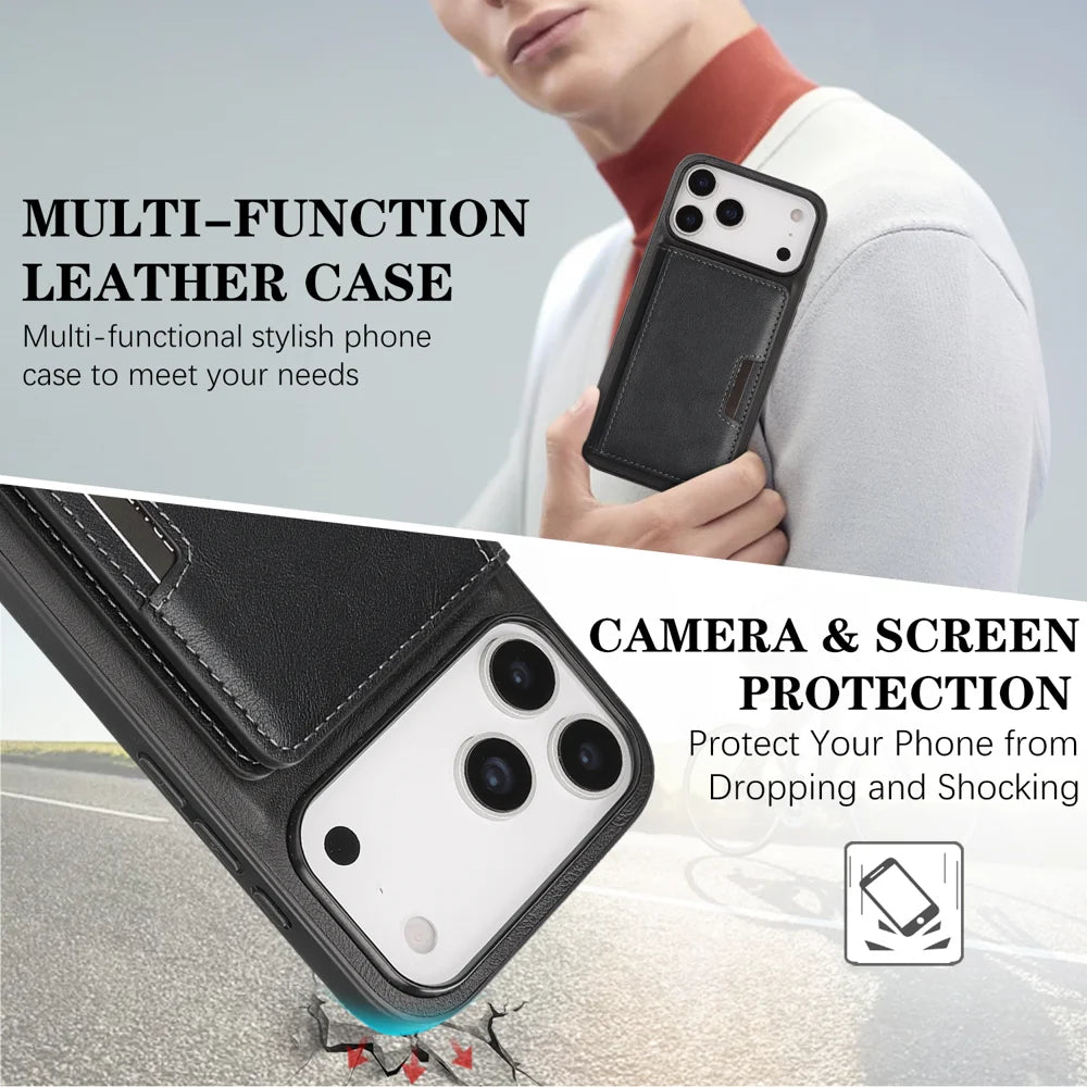 For iPhone 17 Pro Kickstand Case Bi-fold Card Bag PU Leather Coated TPU Cover Compatible with MagSafe - Black - 5