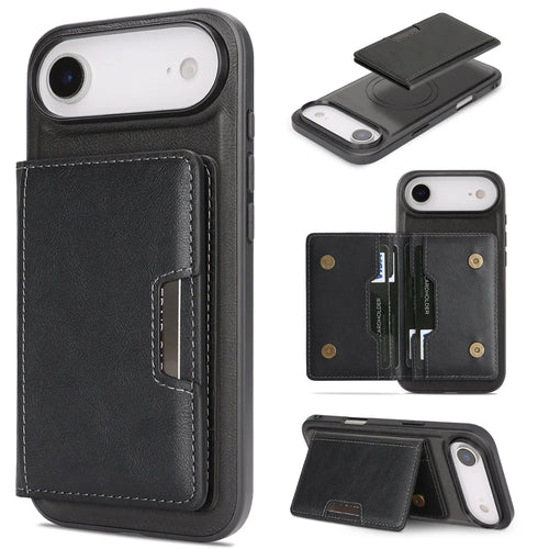 For iPhone Air Kickstand Case Bi-fold Card Bag PU Leather Coated TPU Cover Compatible with MagSafe - Black - 1