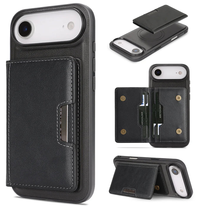 For iPhone Air Kickstand Case Bi-fold Card Bag PU Leather Coated TPU Cover Compatible with MagSafe - Black - 1
