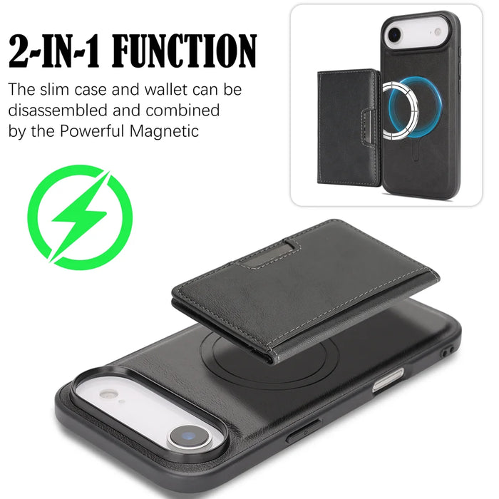 For iPhone Air Kickstand Case Bi-fold Card Bag PU Leather Coated TPU Cover Compatible with MagSafe - Black - 3