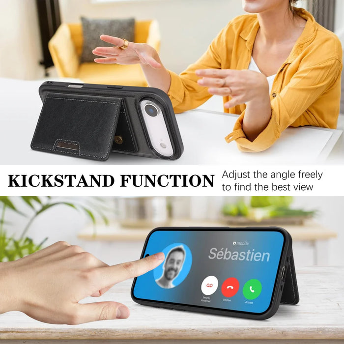 For iPhone Air Kickstand Case Bi-fold Card Bag PU Leather Coated TPU Cover Compatible with MagSafe - Black - 4