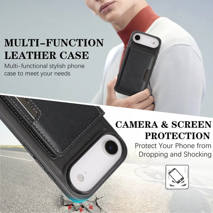 For iPhone Air Kickstand Case Bi-fold Card Bag PU Leather Coated TPU Cover Compatible with MagSafe - Black - 5