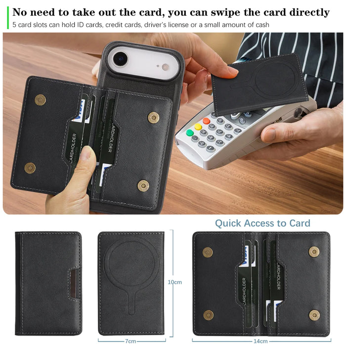 For iPhone Air Kickstand Case Bi-fold Card Bag PU Leather Coated TPU Cover Compatible with MagSafe - Black - 6