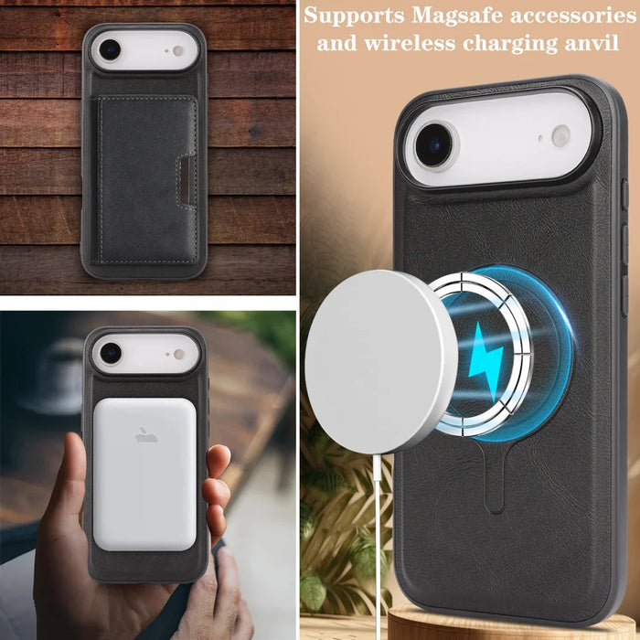For iPhone Air Kickstand Case Bi-fold Card Bag PU Leather Coated TPU Cover Compatible with MagSafe - Black - 7