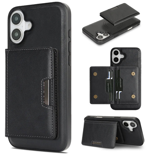For iPhone 16 Kickstand Case Bi-fold Card Bag PU Leather Coated TPU Cover Compatible with MagSafe - Black - 1