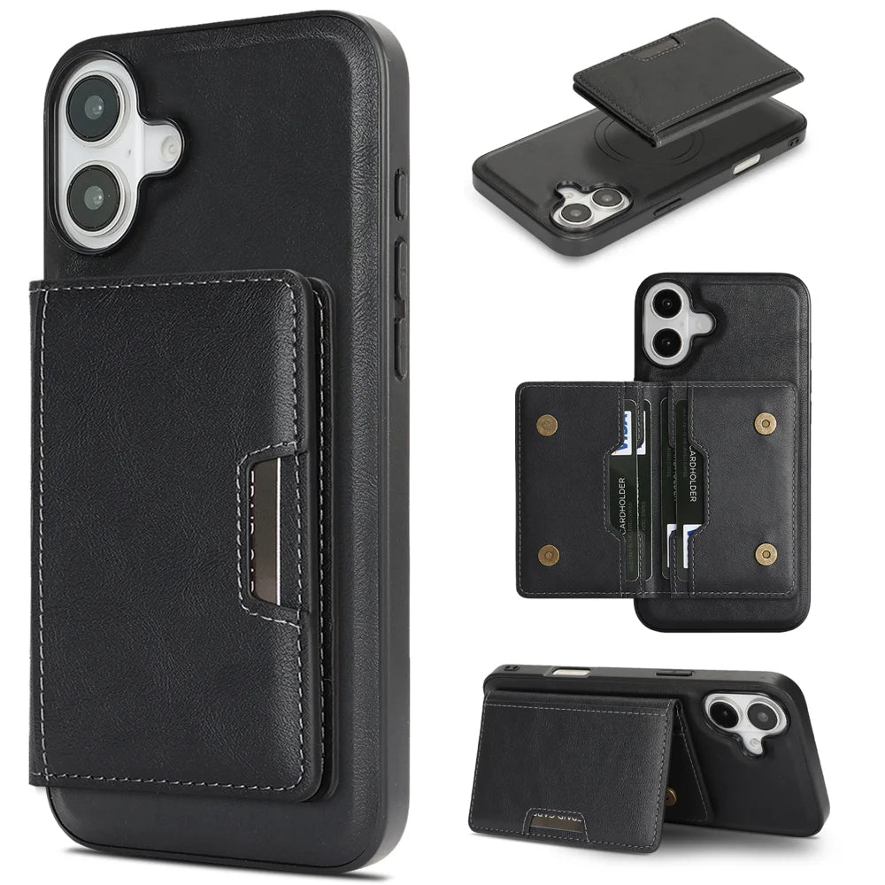 For iPhone 16 Kickstand Case Bi-fold Card Bag PU Leather Coated TPU Cover Compatible with MagSafe - Black - 1