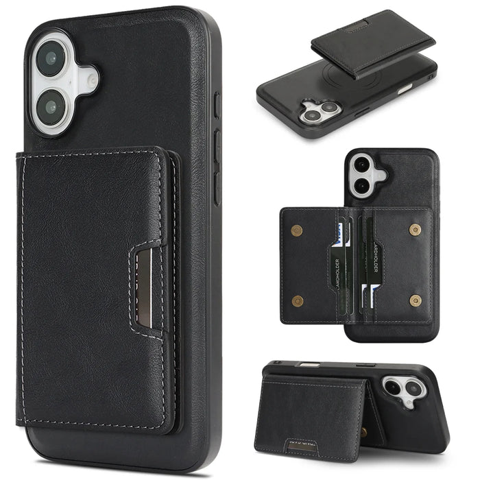 For iPhone 16 Kickstand Case Bi-fold Card Bag PU Leather Coated TPU Cover Compatible with MagSafe - Black - 1
