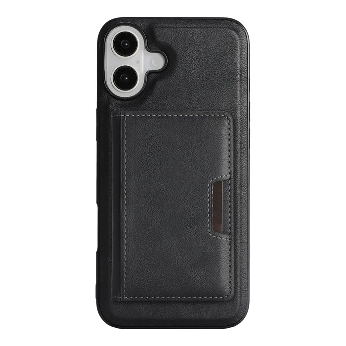 For iPhone 16 Kickstand Case Bi-fold Card Bag PU Leather Coated TPU Cover Compatible with MagSafe - Black - 2