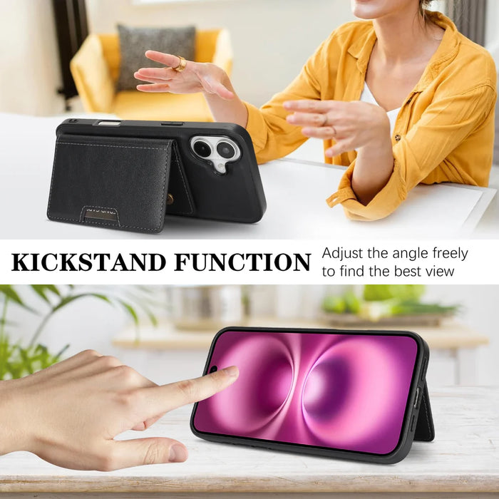 For iPhone 16 Kickstand Case Bi-fold Card Bag PU Leather Coated TPU Cover Compatible with MagSafe - Black - 4