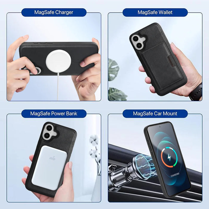 For iPhone 16 Kickstand Case Bi-fold Card Bag PU Leather Coated TPU Cover Compatible with MagSafe - Black - 7