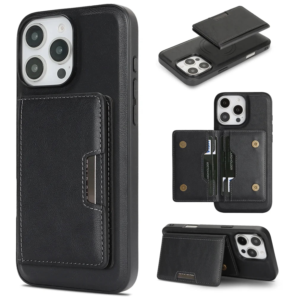 For iPhone 15 Pro Max Kickstand Case Bi-fold Card Bag PU Leather Coated TPU Cover Compatible with MagSafe - Black - 1