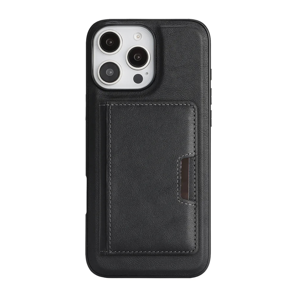 For iPhone 16 Pro Max Kickstand Case Bi-fold Card Bag PU Leather Coated TPU Cover Compatible with MagSafe - Black - 2