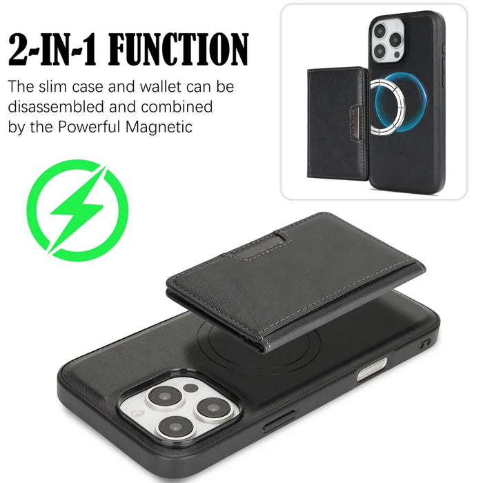 For iPhone 16 Pro Kickstand Case Bi-fold Card Bag PU Leather Coated TPU Cover Compatible with MagSafe - Black - 3