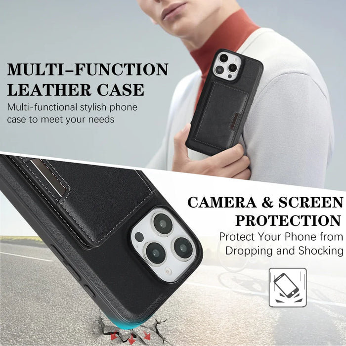 For iPhone 16 Pro Kickstand Case Bi-fold Card Bag PU Leather Coated TPU Cover Compatible with MagSafe - Black - 5