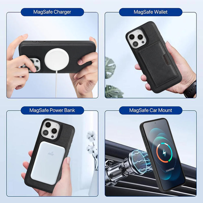 For iPhone 16 Pro Kickstand Case Bi-fold Card Bag PU Leather Coated TPU Cover Compatible with MagSafe - Black - 7