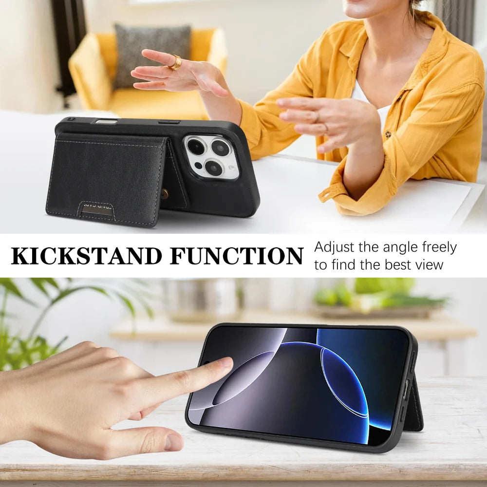 For iPhone 14 Pro Kickstand Case Bi-fold Card Bag PU Leather Coated TPU Cover Compatible with MagSafe - Black - 4