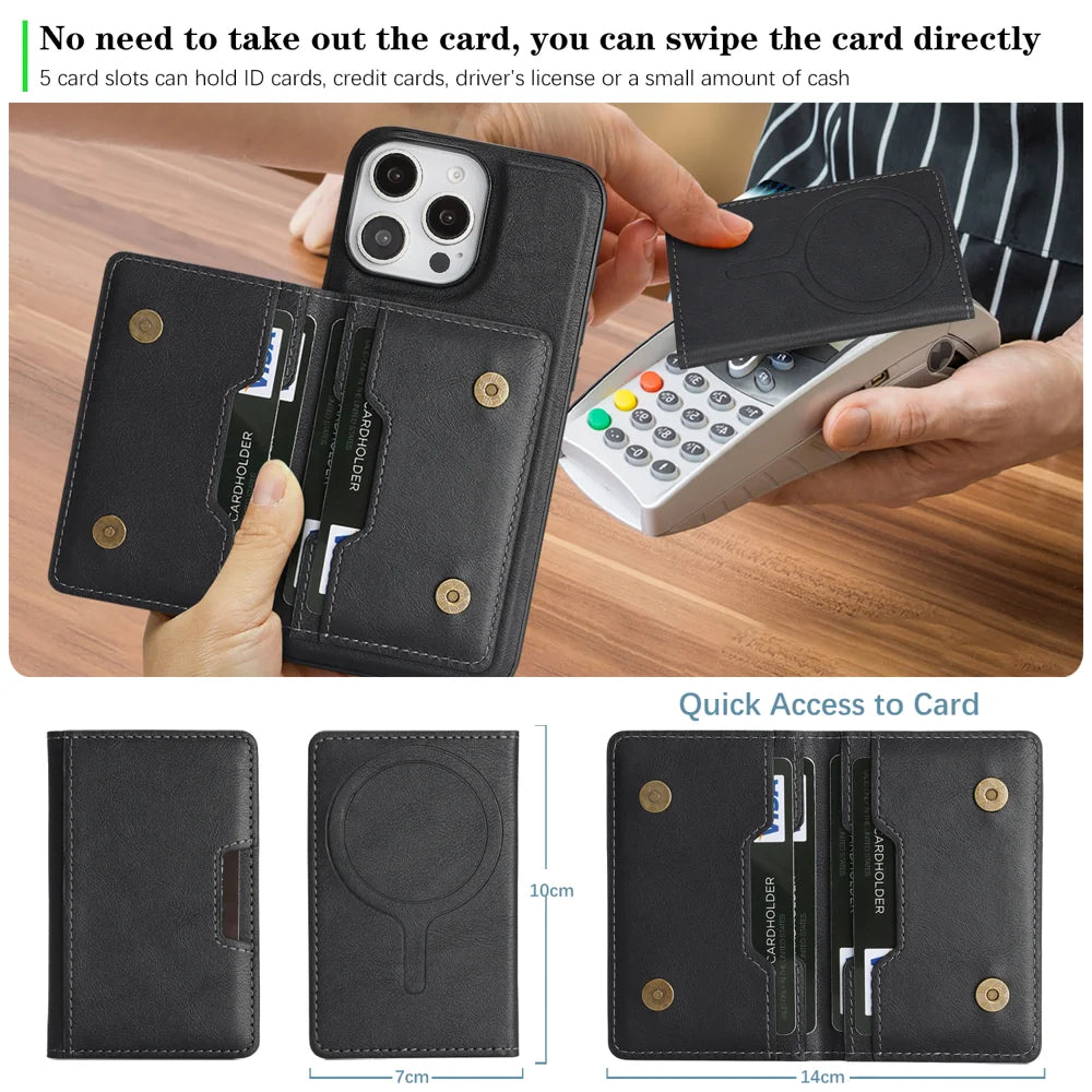 For iPhone 14 Pro Kickstand Case Bi-fold Card Bag PU Leather Coated TPU Cover Compatible with MagSafe - Black - 6