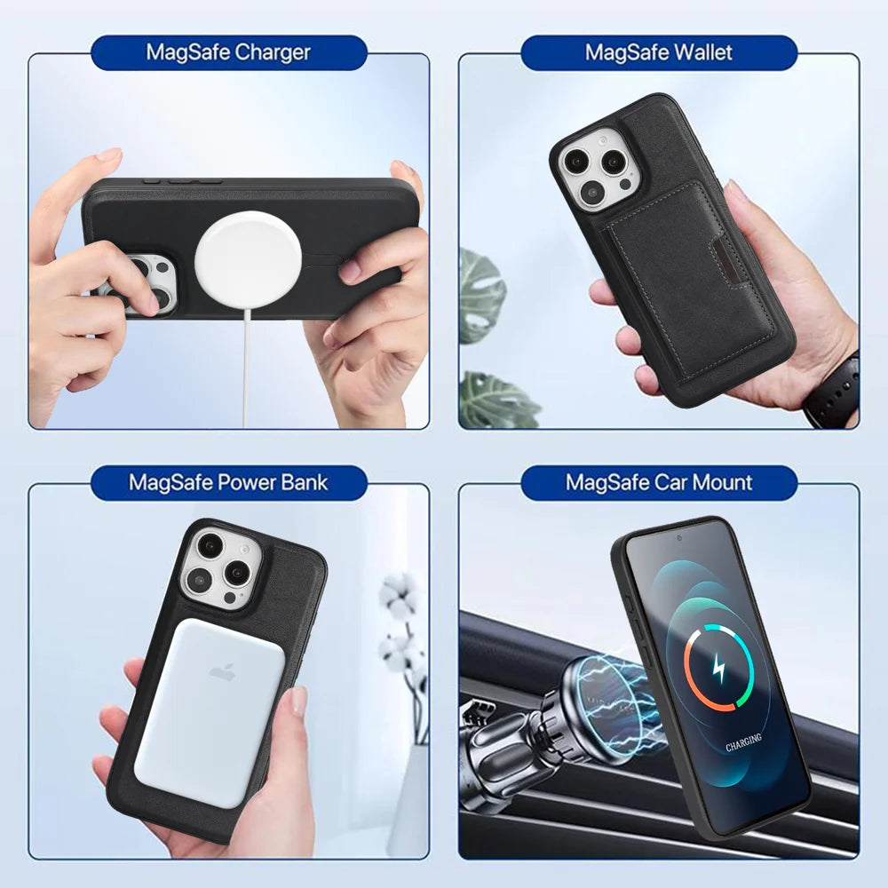 For iPhone 14 Pro Kickstand Case Bi-fold Card Bag PU Leather Coated TPU Cover Compatible with MagSafe - Black - 7