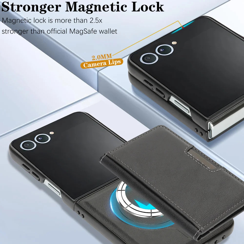 For Samsung Galaxy Z Flip7 5G Kickstand Case Bi-fold Card Bag PU Leather Coated TPU Cover Magnetic Case - Black - 5