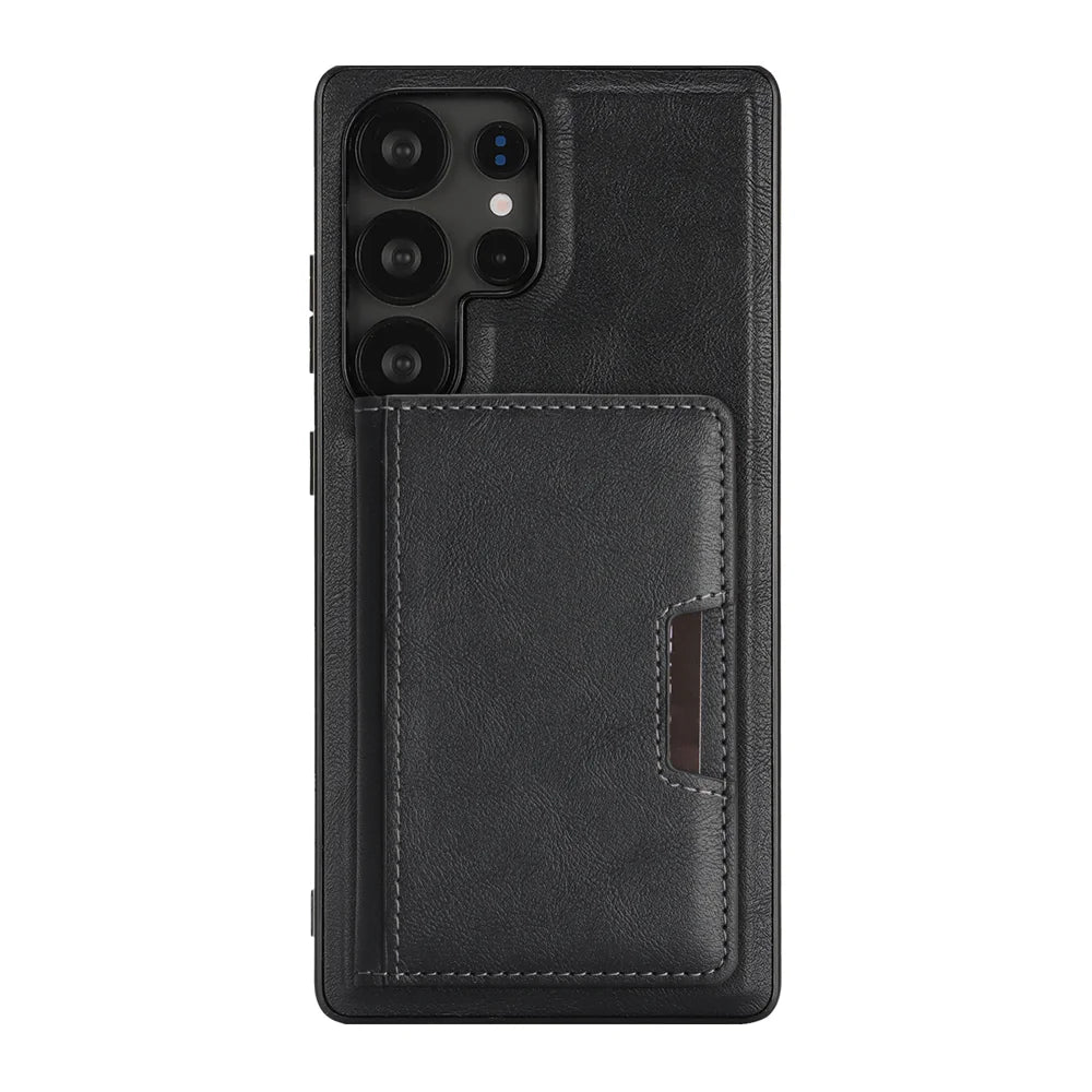 For Samsung Galaxy S23 Ultra Kickstand Case Bi-fold Card Bag PU Leather Coated TPU Cover Magnetic Case - Black - 2