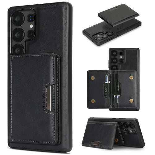 For Samsung Galaxy S24 Ultra Kickstand Case Bi-fold Card Bag PU Leather Coated TPU Cover Magnetic Case - Black - 1