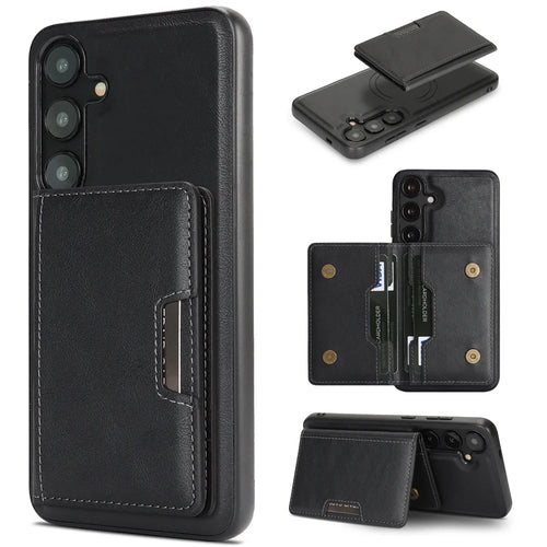 For Samsung Galaxy S25+ Kickstand Case Bi-fold Card Bag PU Leather Coated TPU Cover Magnetic Case - Black - 1