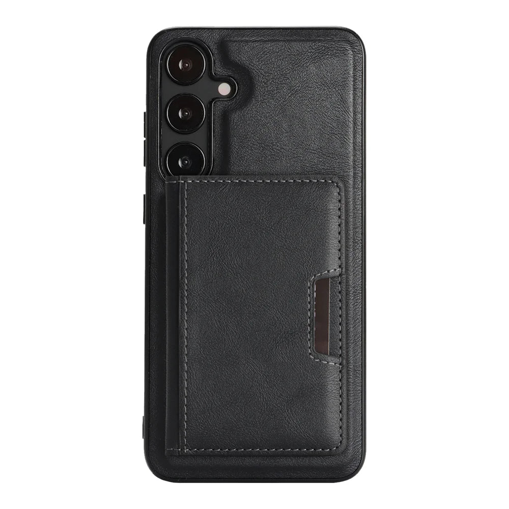 For Samsung Galaxy S25+ Kickstand Case Bi-fold Card Bag PU Leather Coated TPU Cover Magnetic Case - Black - 2