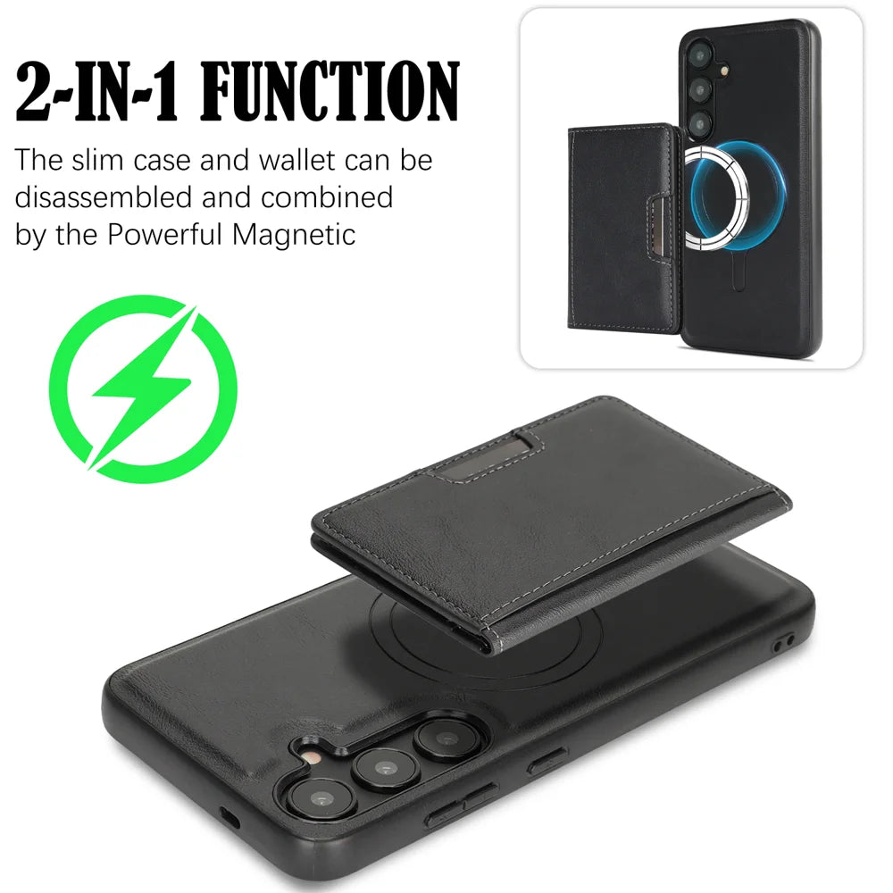 For Samsung Galaxy S25+ Kickstand Case Bi-fold Card Bag PU Leather Coated TPU Cover Magnetic Case - Black - 3
