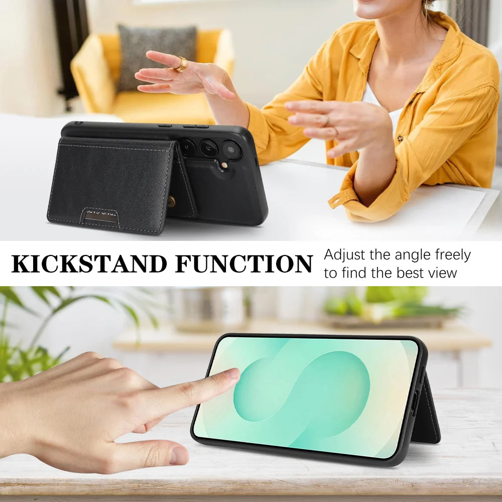 For Samsung Galaxy S25+ Kickstand Case Bi-fold Card Bag PU Leather Coated TPU Cover Magnetic Case - Black - 4