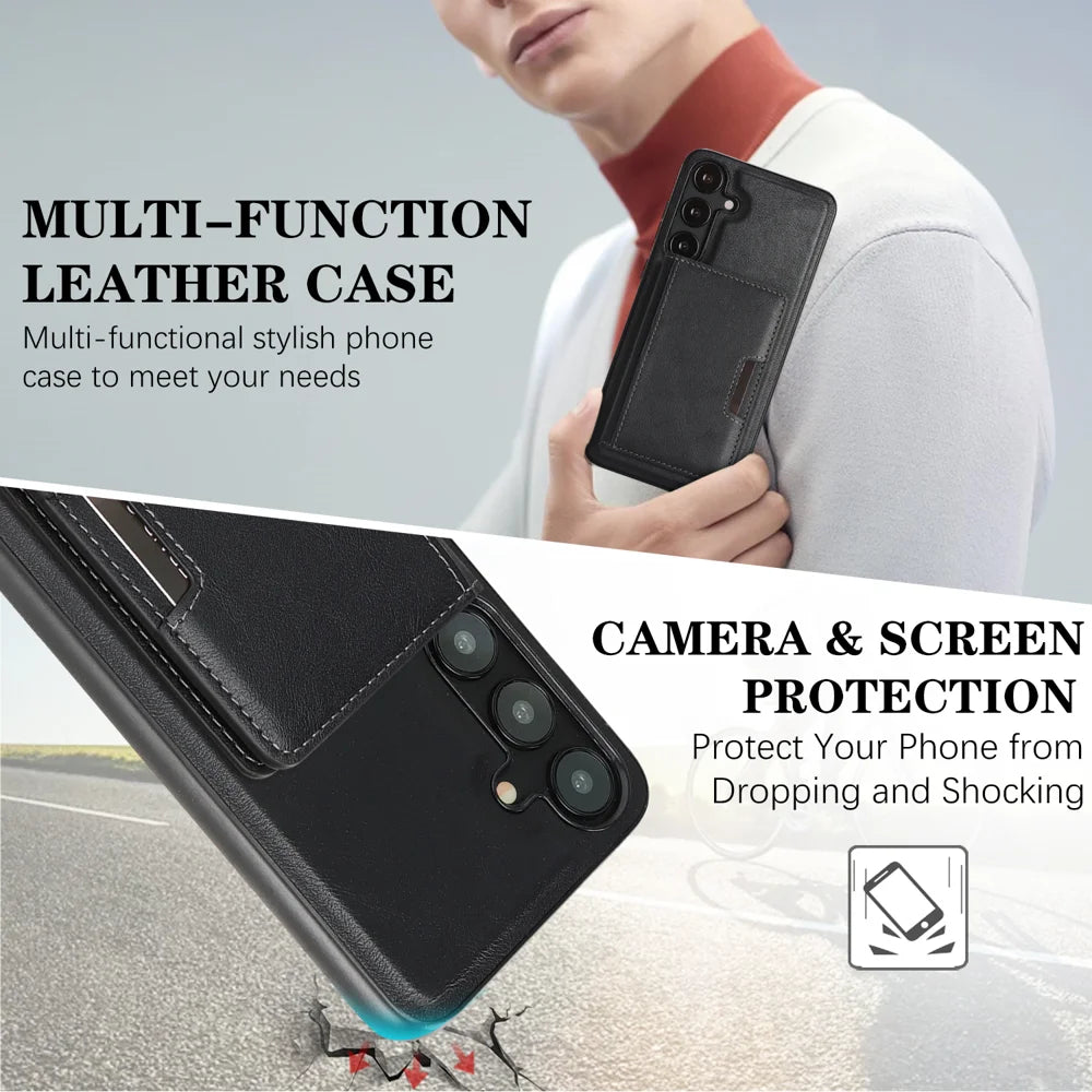 For Samsung Galaxy S25+ Kickstand Case Bi-fold Card Bag PU Leather Coated TPU Cover Magnetic Case - Black - 5