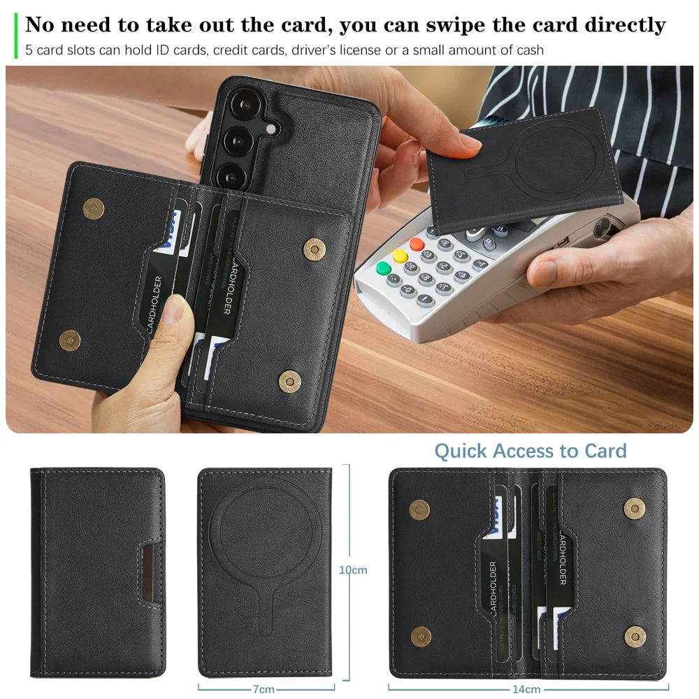 For Samsung Galaxy S25+ Kickstand Case Bi-fold Card Bag PU Leather Coated TPU Cover Magnetic Case - Black - 6