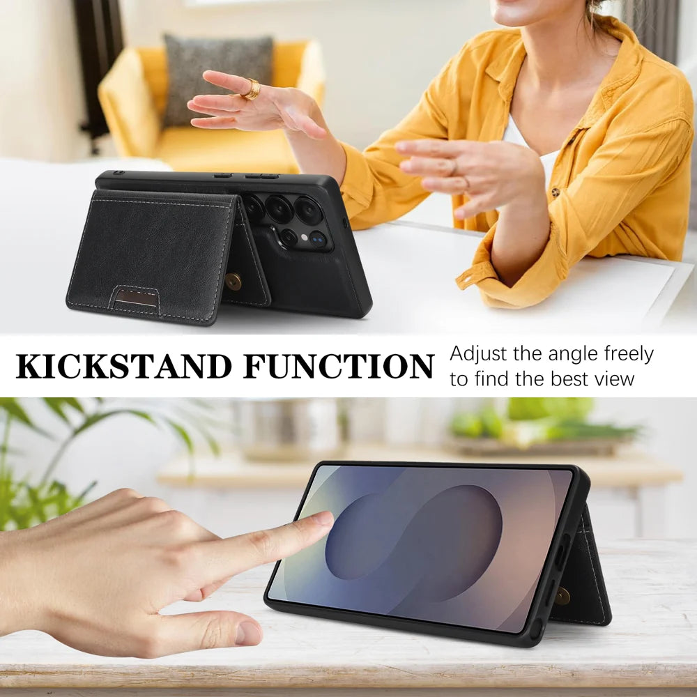 For Samsung Galaxy S25 Ultra Kickstand Case Bi-fold Card Bag PU Leather Coated TPU Cover Magnetic Case - Black - 4