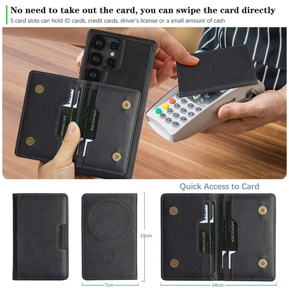 For Samsung Galaxy S25 Ultra Kickstand Case Bi-fold Card Bag PU Leather Coated TPU Cover Magnetic Case - Black - 6