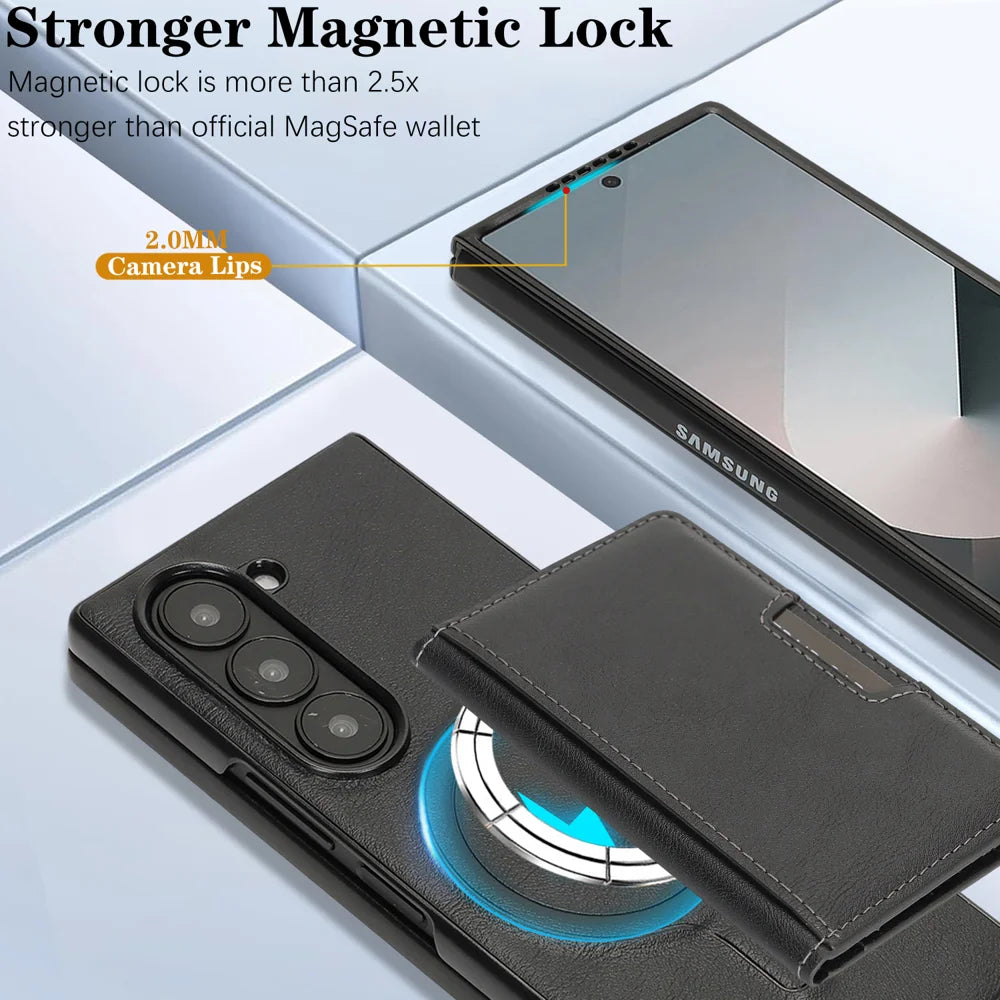 For Samsung Galaxy Z Fold6 5G Kickstand Case Bi-fold Card Bag PU Leather Coated TPU Cover Magnetic Case - Black - 5