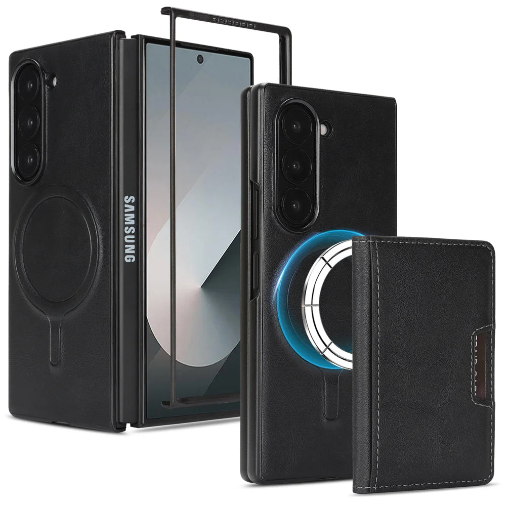 For Samsung Galaxy Z Fold7 5G Kickstand Case Bi-fold Card Bag PU Leather Coated TPU Cover Magnetic Case - Black - 1