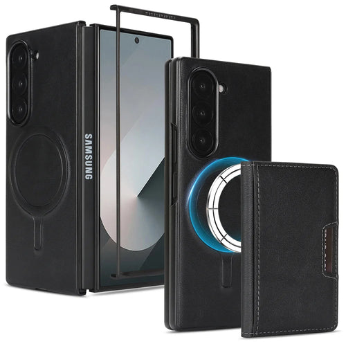 For Samsung Galaxy Z Fold7 5G Kickstand Case Bi-fold Card Bag PU Leather Coated TPU Cover Magnetic Case - Black - 1