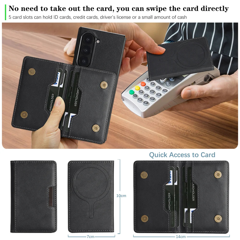 For Samsung Galaxy Z Fold7 5G Kickstand Case Bi-fold Card Bag PU Leather Coated TPU Cover Magnetic Case - Black - 6