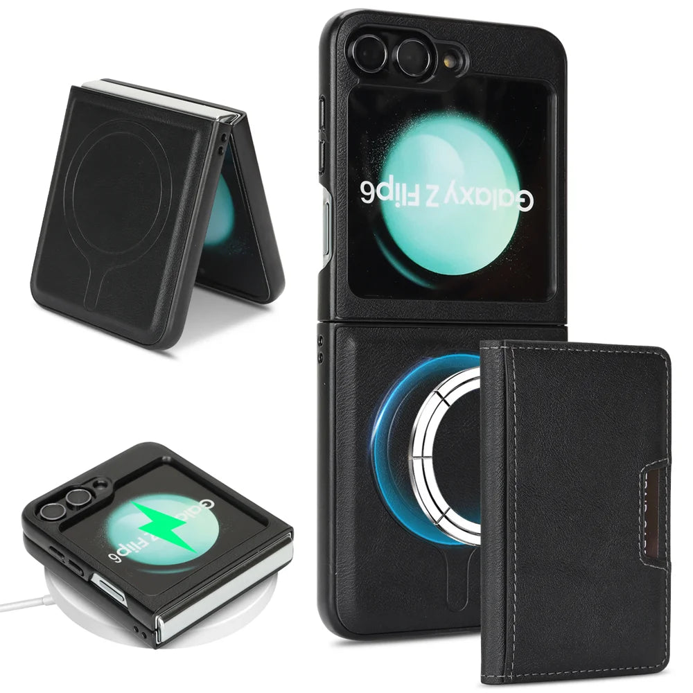 For Samsung Galaxy Z Flip6 5G Kickstand Case Bi-fold Card Bag PU Leather Coated TPU Cover Magnetic Case - Black - 1