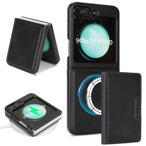 For Samsung Galaxy Z Flip6 5G Kickstand Case Bi-fold Card Bag PU Leather Coated TPU Cover Magnetic Case - Black - 1