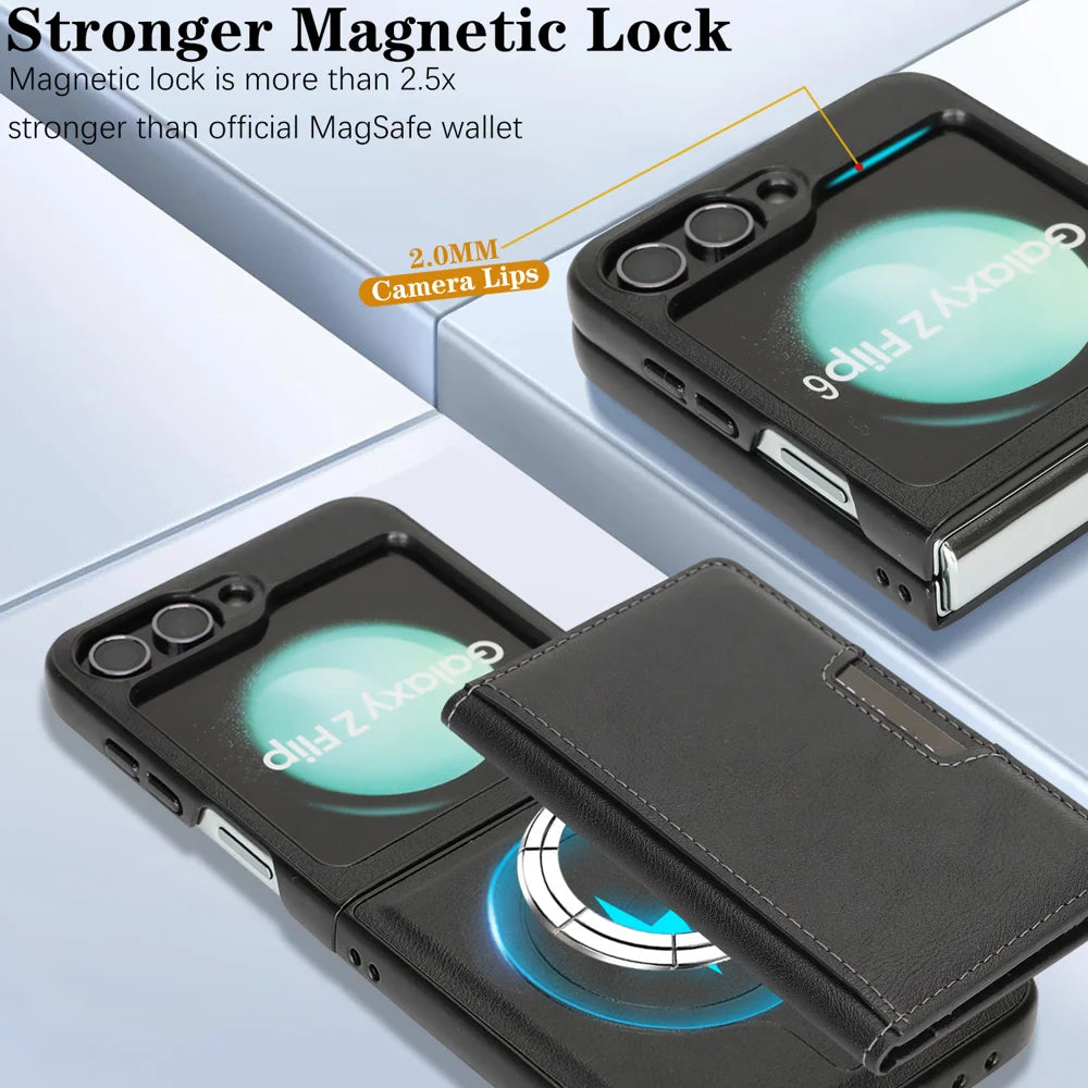 For Samsung Galaxy Z Flip6 5G Kickstand Case Bi-fold Card Bag PU Leather Coated TPU Cover Magnetic Case - Black - 5